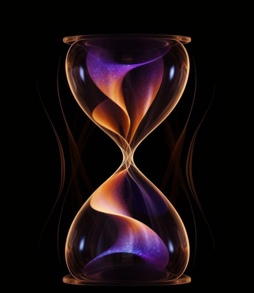 Purple and molten amber glass hourglass, LAG's visual identity